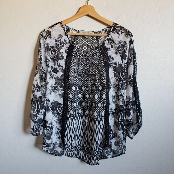 Anthropologie Figueroa & Flower Sheer Mixed Rose Print Blouse Black/White Small - Picture 1 of 11